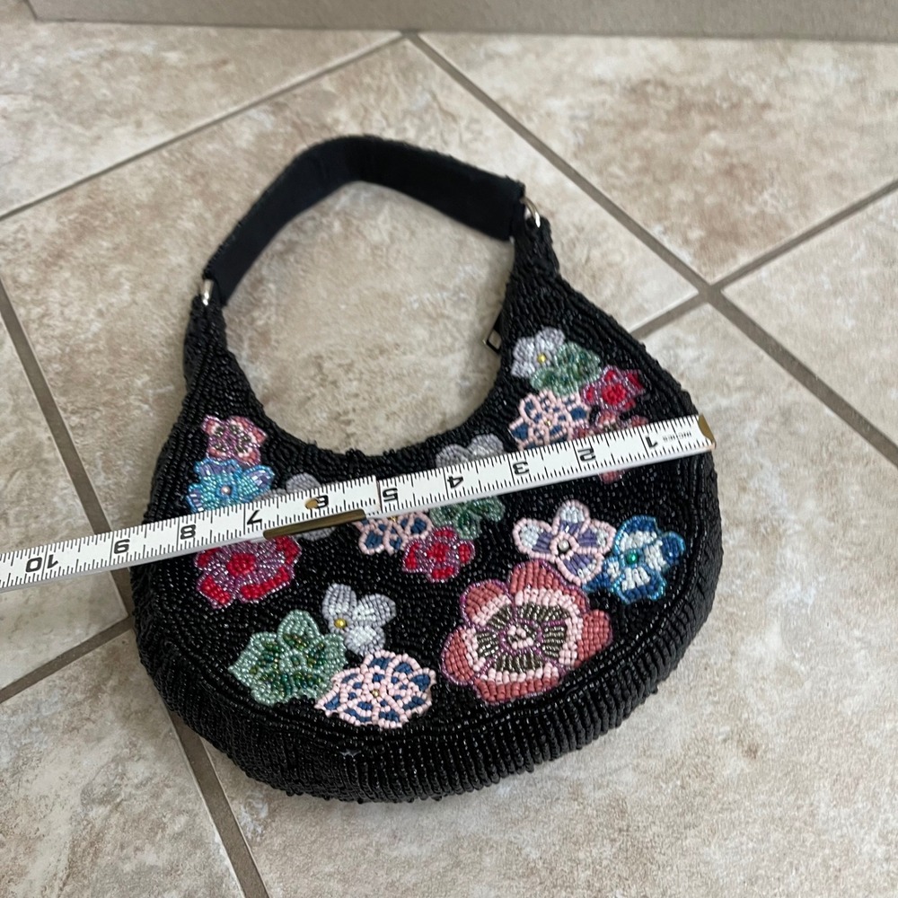 Studio 12 Black Beaded Floral Hobo Shoulder Bag Crescent Y2K Small Purse - Picture 10 of 12